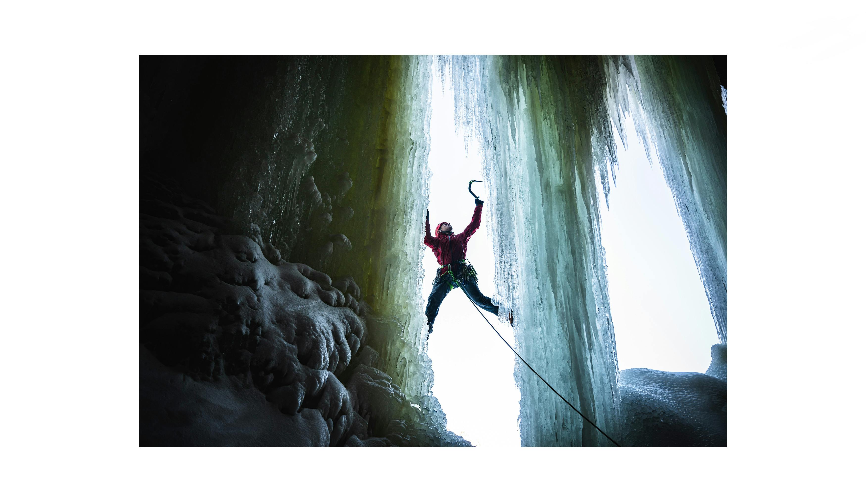 BD athlete Aaron Mulkey ice climbing in Cooke City, MT. 