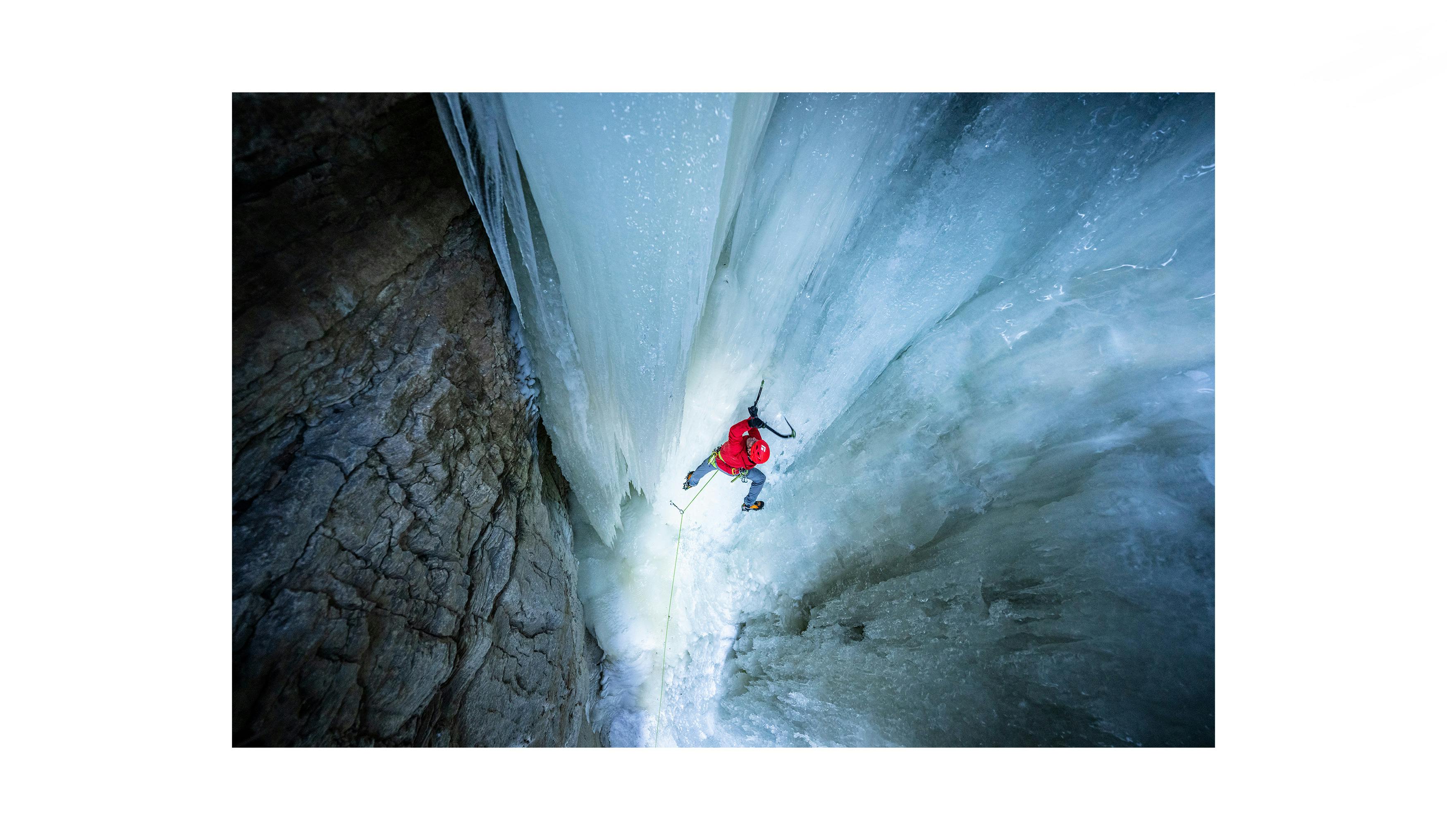 BD athlete Aaron Mulkey ice climbing in Cooke City, MT. 