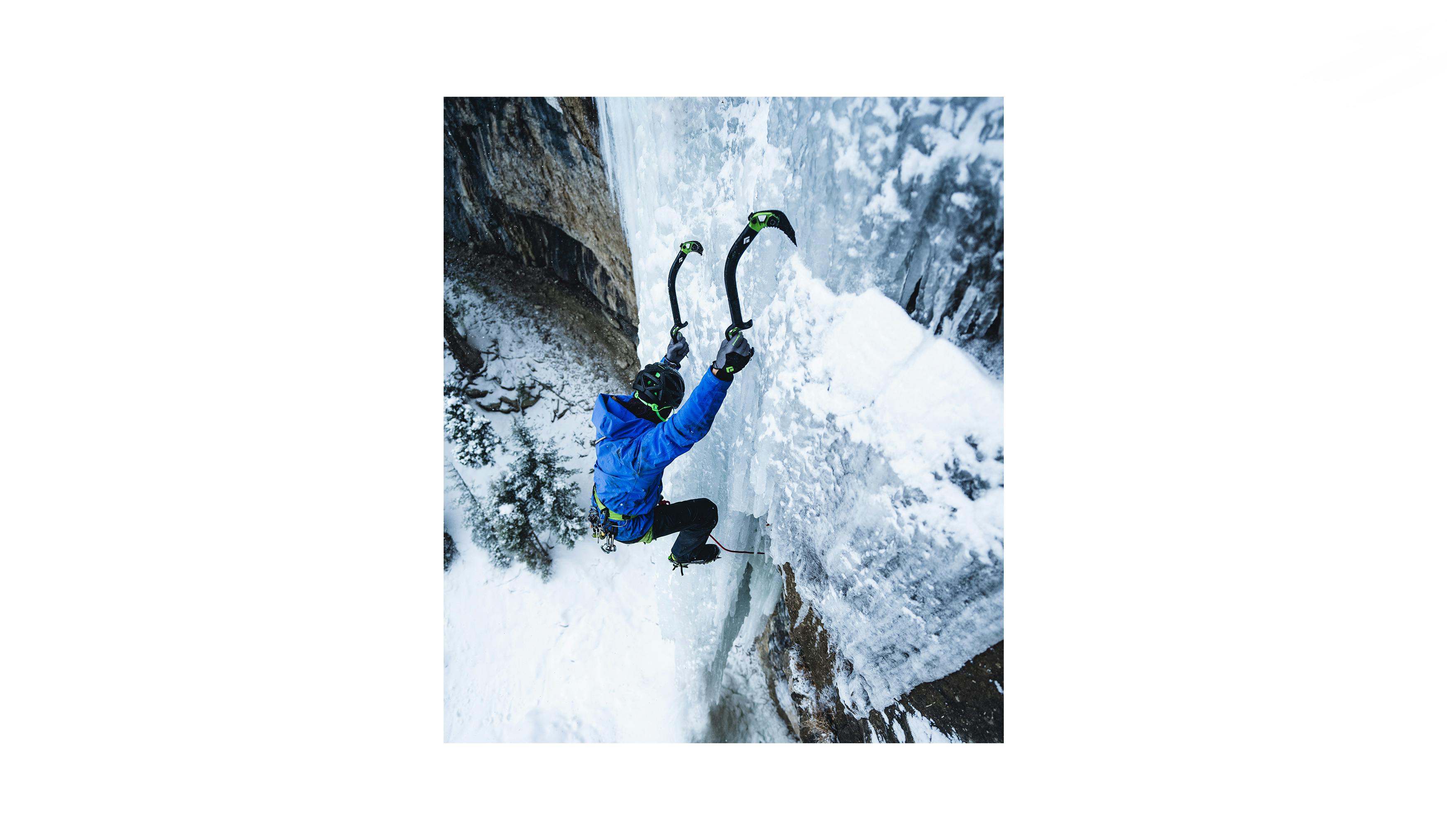 BD athlete Yannick Glatthard ice climbing in Cooke City, MT. 