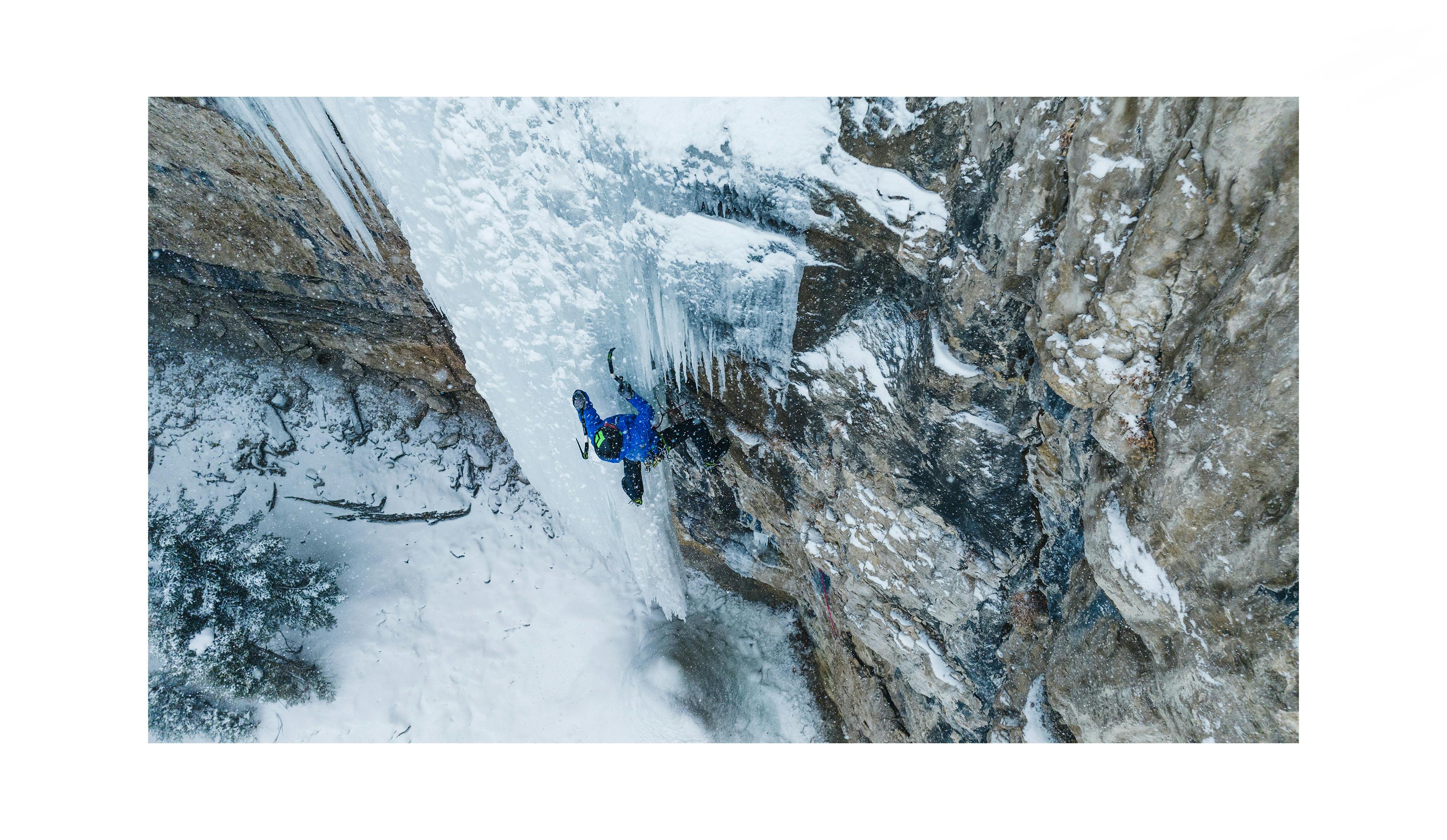 BD athlete Yannick Glatthard ice climbing in Cooke City, MT. 