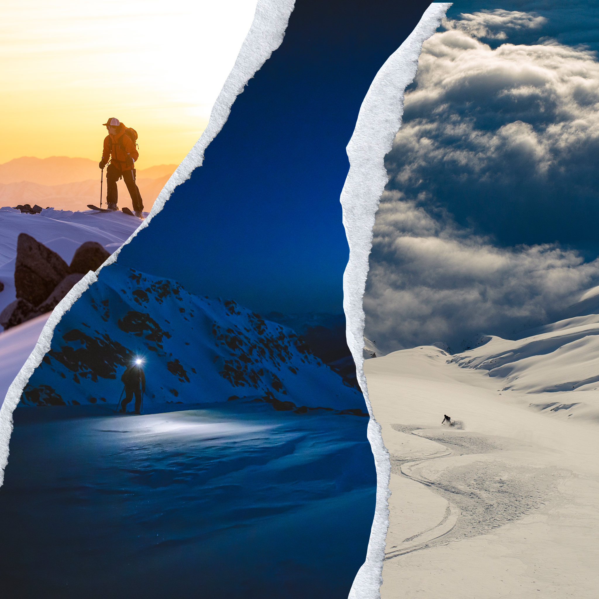 Dawn patrol skiing collage.